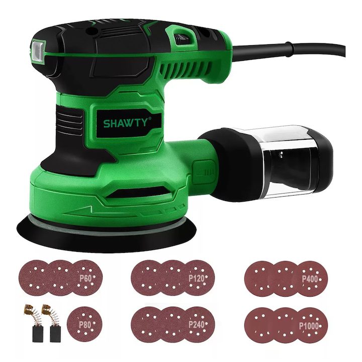 Идеалната Шлайф Машина за Дърво - Кои Избрахме Ние Орбитален шлайф, SHAWTY, S0045, 450 W, 125 mm, 7000-14000 RPM, 6 скорости, велкро, с комплект абразивни дискове от 16 бр., черен/зелен