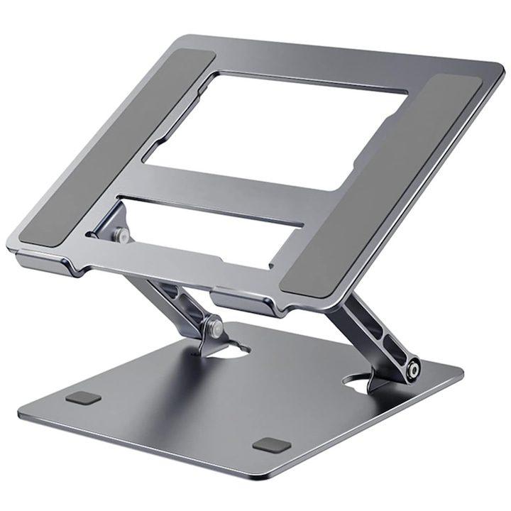 Подставка за лаптоп 11-17.3'', Сгъваема, BYONDSELF, Ергономична, Регулируема височина 3.5-27 см, Носеща 4 кг, Алуминий, Сребрист