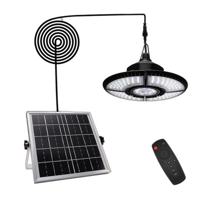 Соларна лампа Mahabo за външно и вътрешно осветление, студена светлина 6000k, 136 светодиода, IP65, дистанционно управление, кабел 5M, соларен панел 6V/5W, батерия 3.7V/4400mAHx2бр.