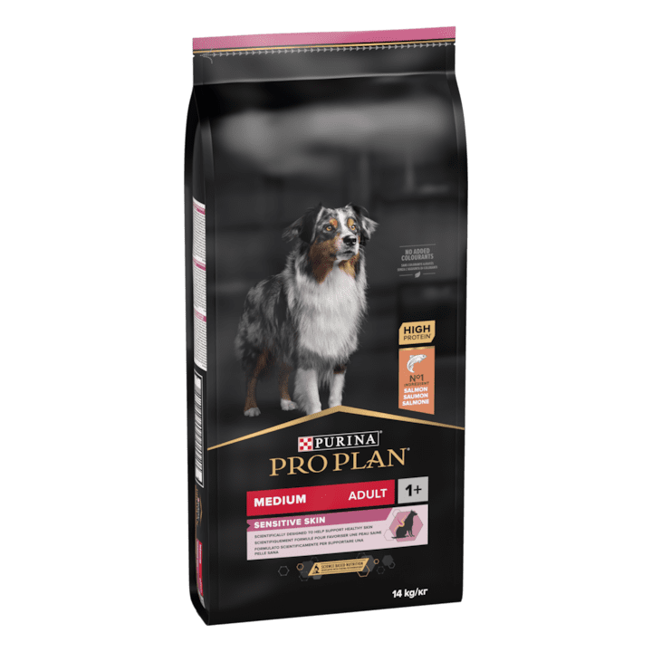 Гранули за Кучета - Кои са Най-Добрите за 2025? Суха храна за кучета Pro Plan, Medium Adult, Чувствителна кожа, Сьомга, 14 кг