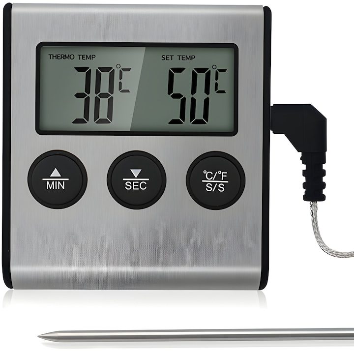 Цифров термометър за фурна за кухня / храна, сонда от неръждаема стомана, таймер и аларма, сребрист