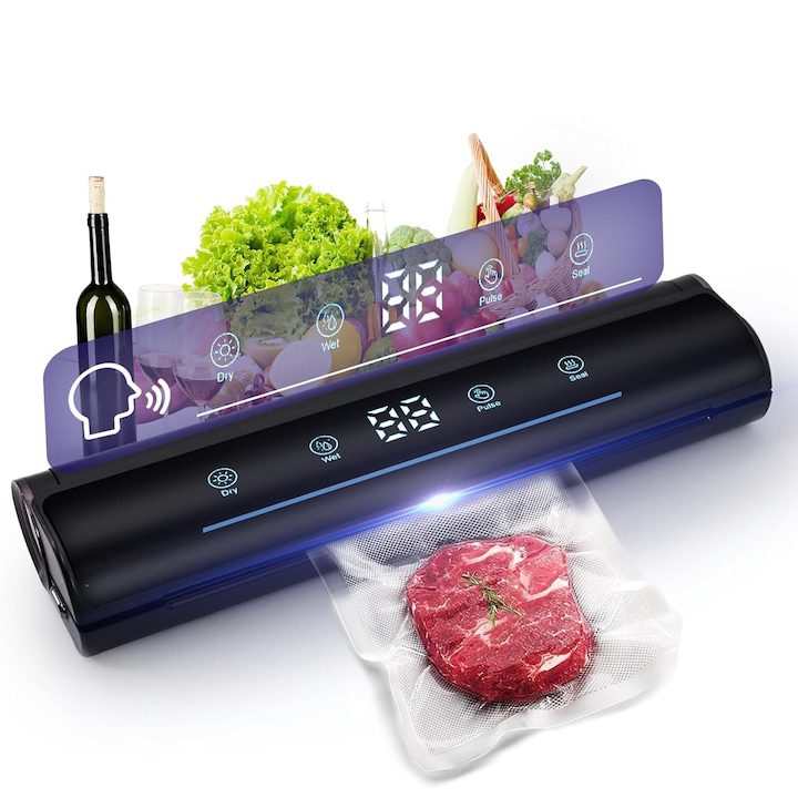 Уред за вакуумиране и запечатване на храни VINTOP, Дигитален дисплей и гласови инструкции, сензорни екрани, сухи и мокри модули, контролен панел, маркуч за вакуумиране на гювечи, вграден нож, черен