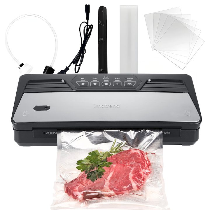 Уред за вакуумиране IMA Trend, 130W, 70kpa, 5 функции за мокро/сухо/меко вакуумиране, Сензорен панел за управление, 30 см лента за лепило, Вграден нож, с 5 торбички 20x30cm и включена ролка 20x300cm, Функция за запечатване и автоматично източване, Сив