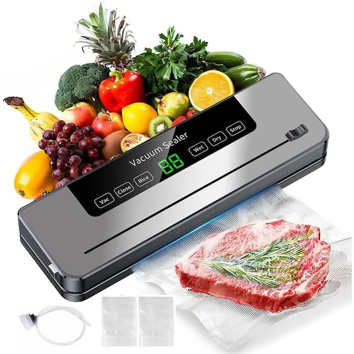 Уред за вакуумиране на храна YUUIKLLE, Вграден нож, сензорен контролен панел, с адаптер за маркуч за устройства за вакуумиране 10 торбички 20x30см, 5 функции за мокро/сухо вакуумиране,