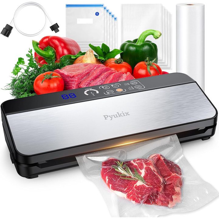 Уред за вакуумиране, Pyukix, 8-в-1, 80 kpa, 110 W, мокро/сухо, с нож и съхранение на торбички, 30 cm лепило, вграден нож, с 11 торбички и включена ролка, функция за автоматично затваряне и изпразване, Сива