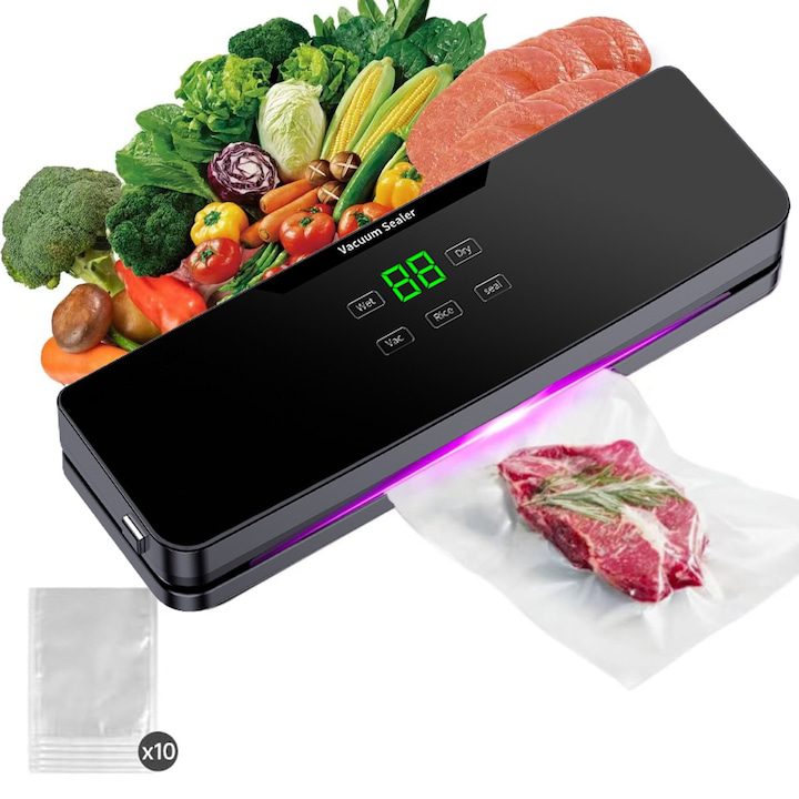 Уред за вакуумно запечатване, FomoX, функции мокър/сух/мек вакуум, виолетова светлина за стерилизация, сензорен контролен панел, маркуч за вакуумиране на гювечи, с 10 торбички 20x30cm, съвместими с торбички с ширина 26cm, 120W, черен