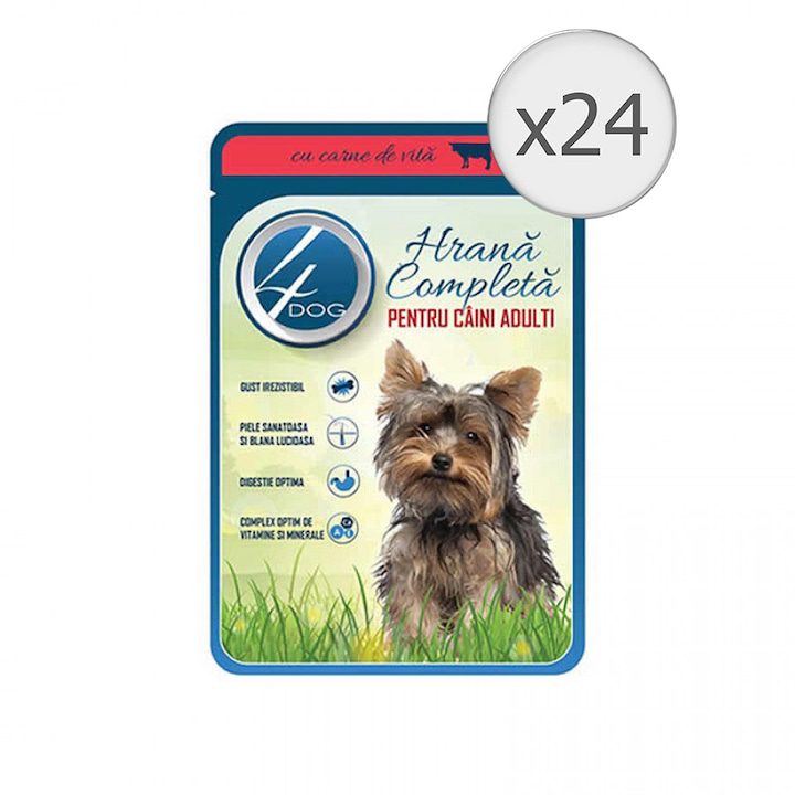 Мокра Храна за Кучета - Детайлен Анализ на Продуктите на Пазара Мокра храна за кучета, 4 Dog, Говеждо, 24 броя x 100 гр