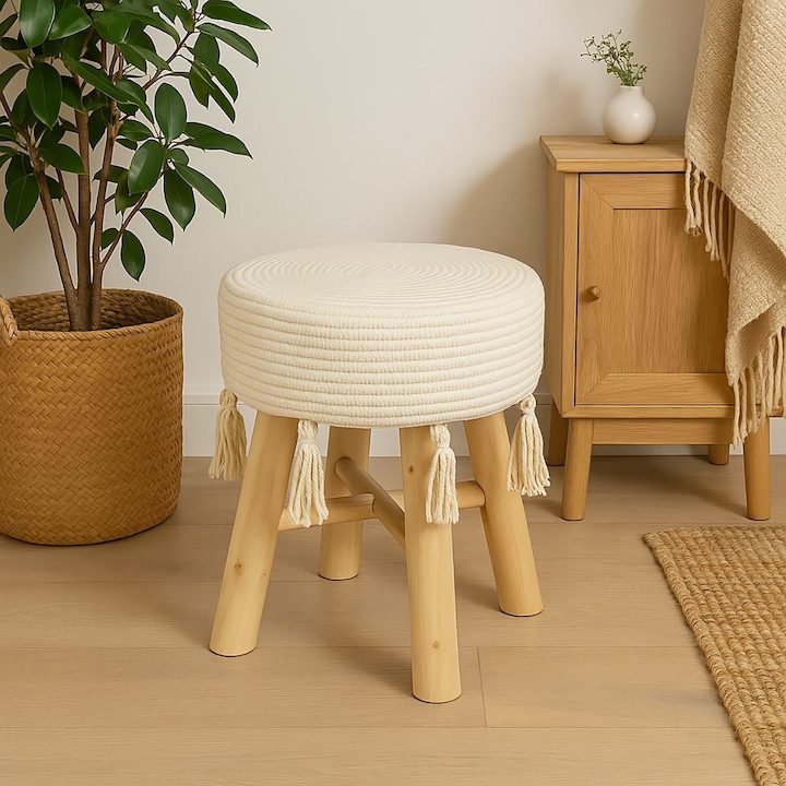 Табуретки - Най-Продаваните за 2025 Година Дървена табуретка с бяло макраме и пискюли 30x42 см