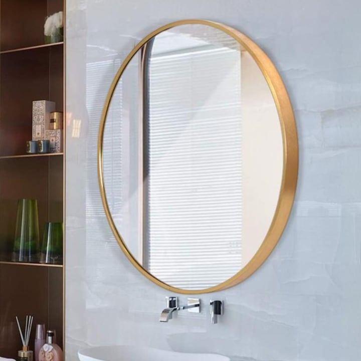 Огледало за Баня - Най-Желаните за 2025-2026 Година Кръгло огледало Callena, метална рамка, злато, 50х50см