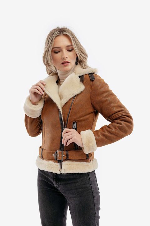 Дамски Якета 2025 - Вижте кои са Най-Желаните в България Яке с естествен косъм, дамски модел Авиатор, Камел