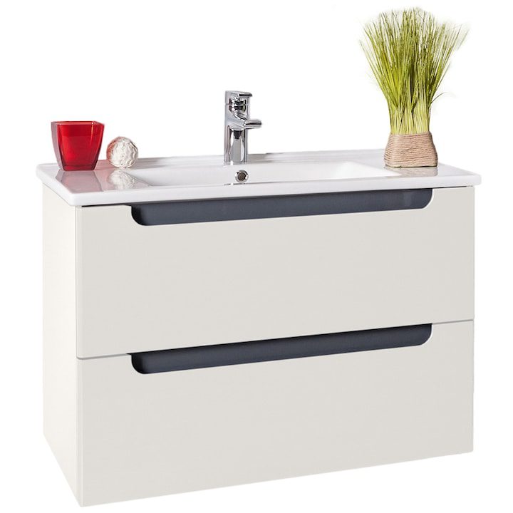 Шкаф за Баня - Кои са Най-Добрите за 2025 Година? Долен шкаф за баня с 2 чекмеджета Dezit VE 80DZ0035, Окачен, 975x450x570 мм, MDF, Бял/Антрацит, Гланц