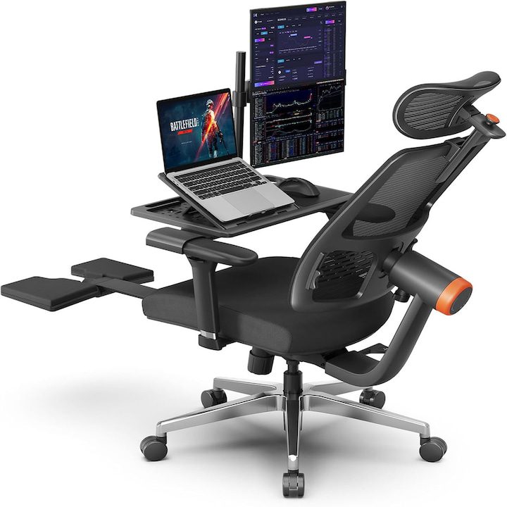 Офис Стол - Най-Добрите за 2025 Година Ергономичен стол Newtral MagicH BP с поставка за крака и компютърна тава, стол за домашен офис с автоматично проследяване на лумбалната опора, 4D подлакътници, регулируема дълбочина и височина