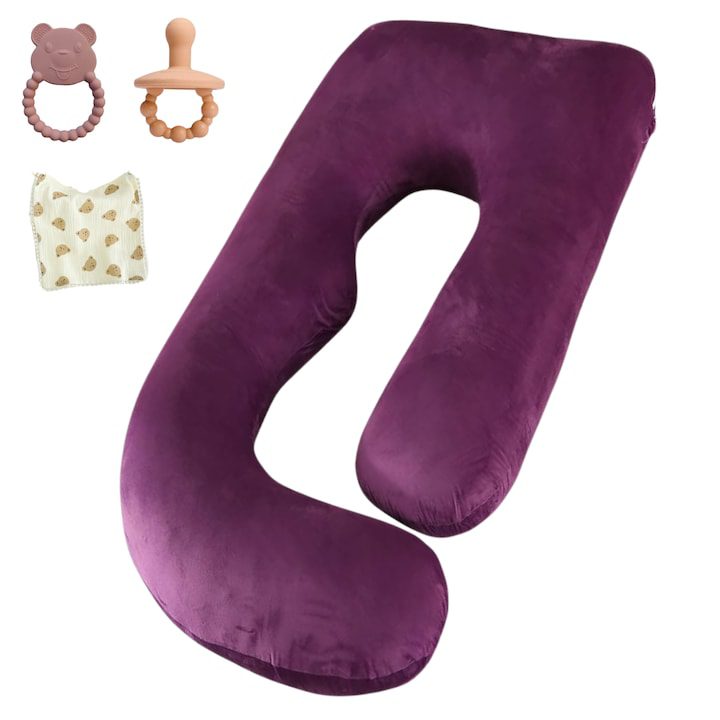 Мечтаната възглавница за бременни: комфорт и подкрепа през всеки етап Infiniteea™ 3 в 1 възглавница за бременни, мултифункционална, за кърмене, опора за бебето, коремче, гръб, врат, опора за крака, L форма, подвижна калъфка, 145 см, памук, залъгалка, кърпа, играчка за никнене на зъбки, включена, лилаво