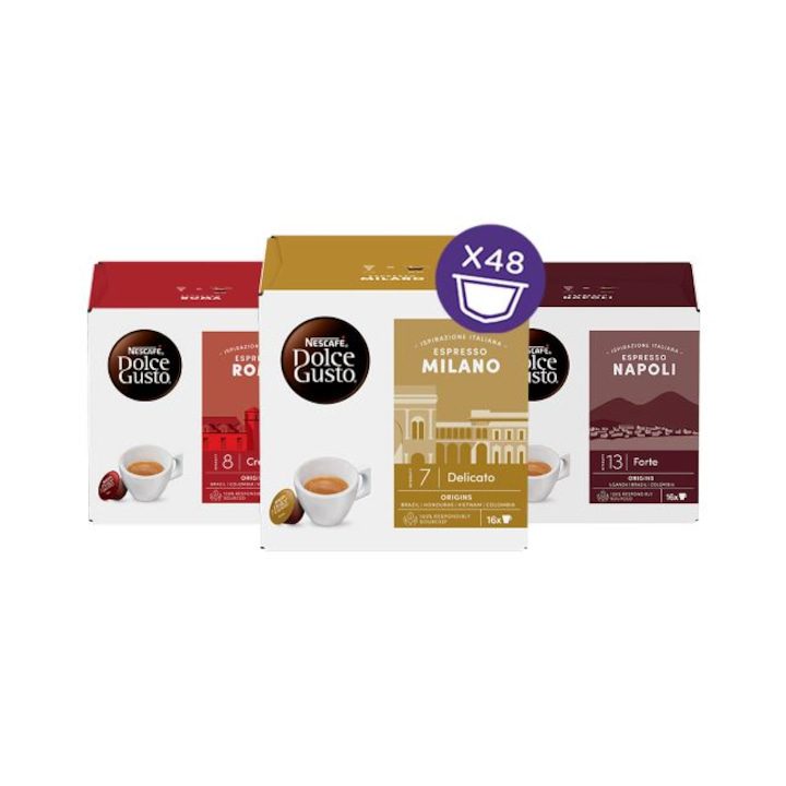 Долче Густо Капсули - Кои са Най-Добрите в България? Комплект 3 кутии, Dolce Gusto, три вкуса - Milano, Roma, Napoli, 48 капсули