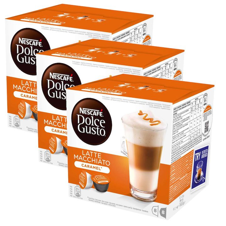 Долче Густо Капсули - Кои са Най-Добрите в България? Комплект 3 x капсули Nescafé Dolce Gusto Latte Caramel Macchiato, 48 капсули, 436.8 гр