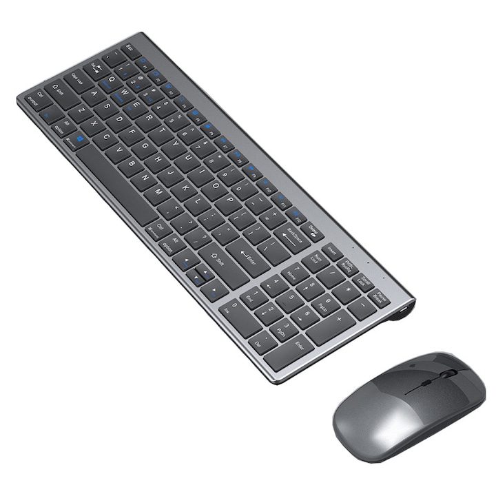 Комплект Клавиатура и Мишка - Топ 10 Най-Добрите Комплект безжична клавиатура и мишка Golxmse, двойна Bluetooth 3.0/5.0 връзка, сребристо/сиво