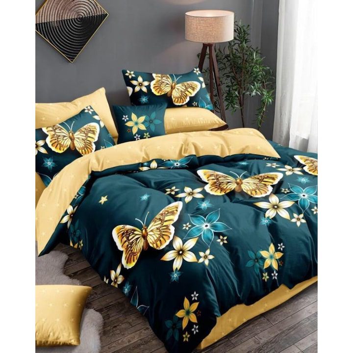 Спален Комплект 2025: Как да Изберете? Комплект спално бельо Lenjerii de pat, Фин сатен, 6 части, Двойно легло, Цветя и пеперуди