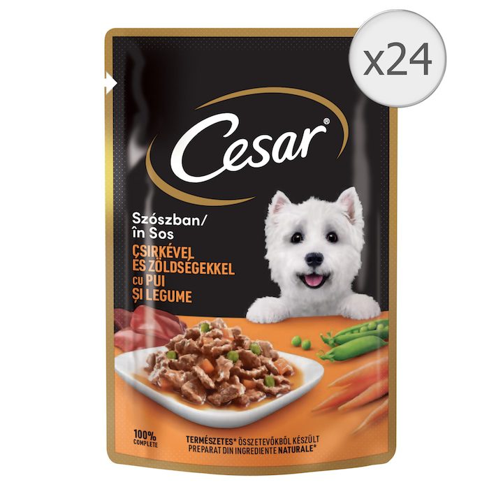 Мокра Храна за Кучета - Детайлен Анализ на Продуктите на Пазара Мокра храна за кучета Cesar, Пилешко и зеленчуци в сос, 24 бр x 100 гр