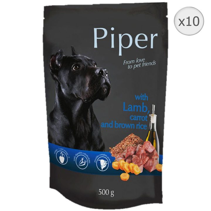 Мокра Храна за Кучета - Детайлен Анализ на Продуктите на Пазара Мокра храна за кучета Piper, Агнешко, моркови и кафяв ориз, 10 x 500 гр