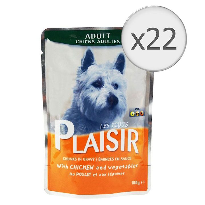 Мокра Храна за Кучета - Детайлен Анализ на Продуктите на Пазара Мокра храна за кучета Plaisir, Пилешко и Зеленчуци, 22 x 100 гр