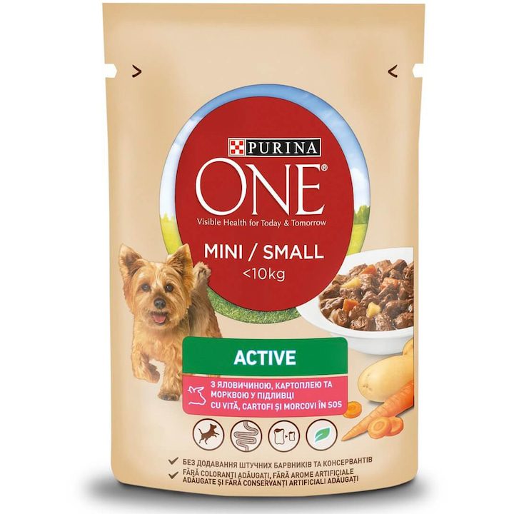 Мокра Храна за Кучета - Детайлен Анализ на Продуктите на Пазара Мокра храна за кучета Purina One Mini Activ, Телешко и Картофи, 85 гр
