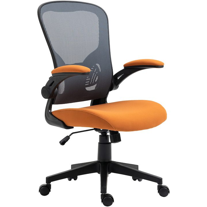 Офис Стол - Най-Добрите за 2025 Година Офис стол Kring Flex, Мрежа, Сгъваеми дръжки, Регулируема височина, Черен/Оранжев