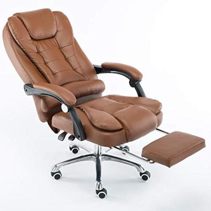 Офис Стол - Най-Добрите за 2025 Година Офис стол, Удобен, Екологична кожа, Метална основа, С опора за крака, Кафяв