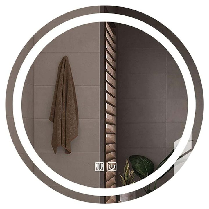 Огледало за Баня - Най-Желаните за 2025-2026 Година Огледало за баня LED, Кръгло, Против запотяване, Удароустойчиво, Сензорна функция, 70x70 см