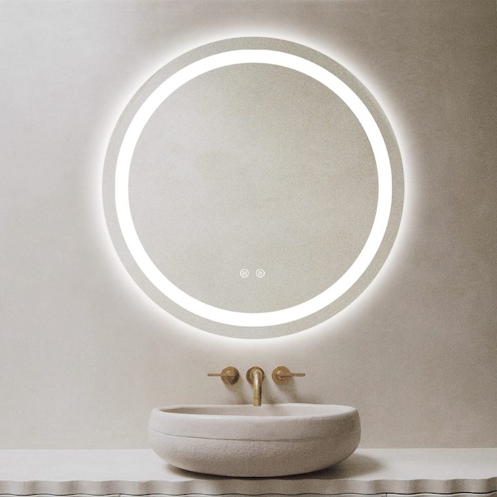 Огледало за Баня - Най-Желаните за 2025-2026 Година Огледало за баня с кръгло LED осветление 70 см, функция против запотяване, тъч ключ N05