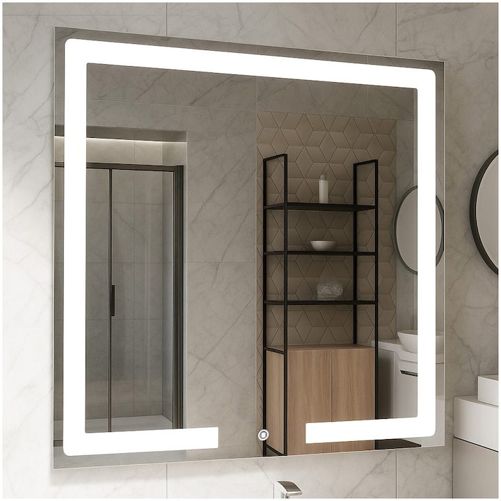 Огледало за Баня - Най-Желаните за 2025-2026 Година Огледало за баня с LED осветление Badenmob, Тouch бутон, 80x80 см, Енергиен клас G