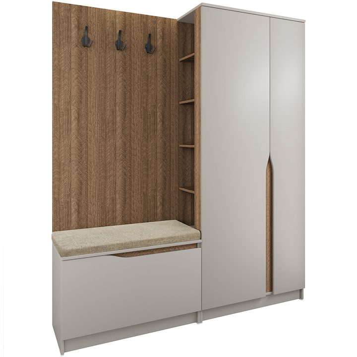 Портманто - Кои са Най-Продаваните за 2025 Година? Портманто Irim Taba, 160x188x37 см, 3 закачалки, Пейка, Закачалка, Бежов/Дървесна декорация