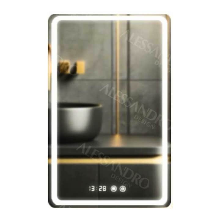 Огледало за Баня - Най-Желаните за 2025-2026 Година Премиум огледало за баня, LED осветление с докосване, система против запотяване и часовник 60x80 cm