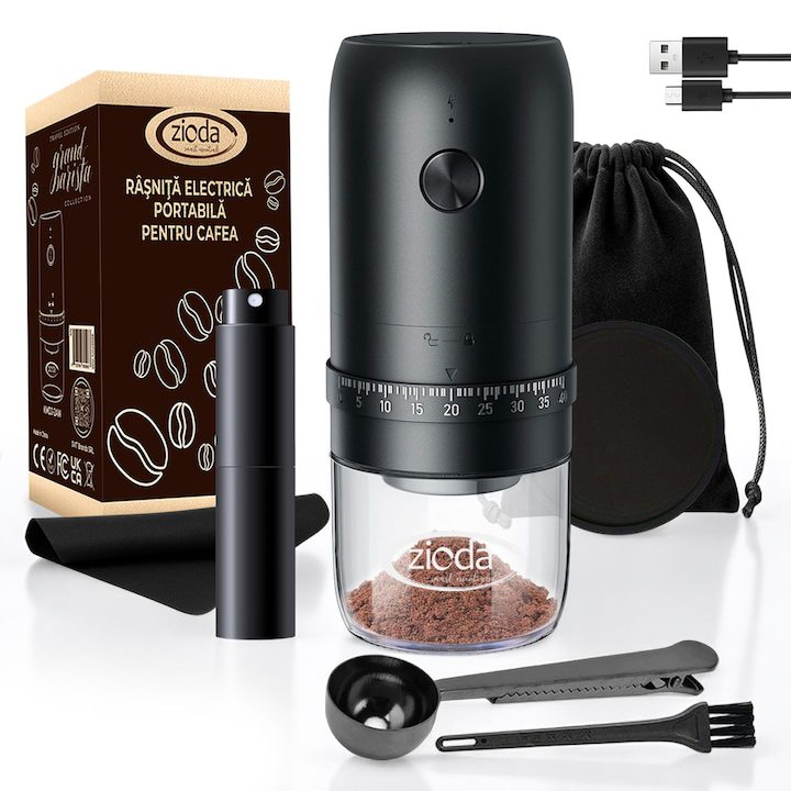 Електрическа Кафемелачка - Кои са Най-Добрите за 2025 Година Преносима електрическа кафемелачка, zioda smart essentials®, керамична бормашина, 40-степенна регулируема гранулация, капацитет на смилане 30 г, 1800 mAh акумулаторна USB C батерия, компактна, безшумна, универсална, аксесоари включени, черна