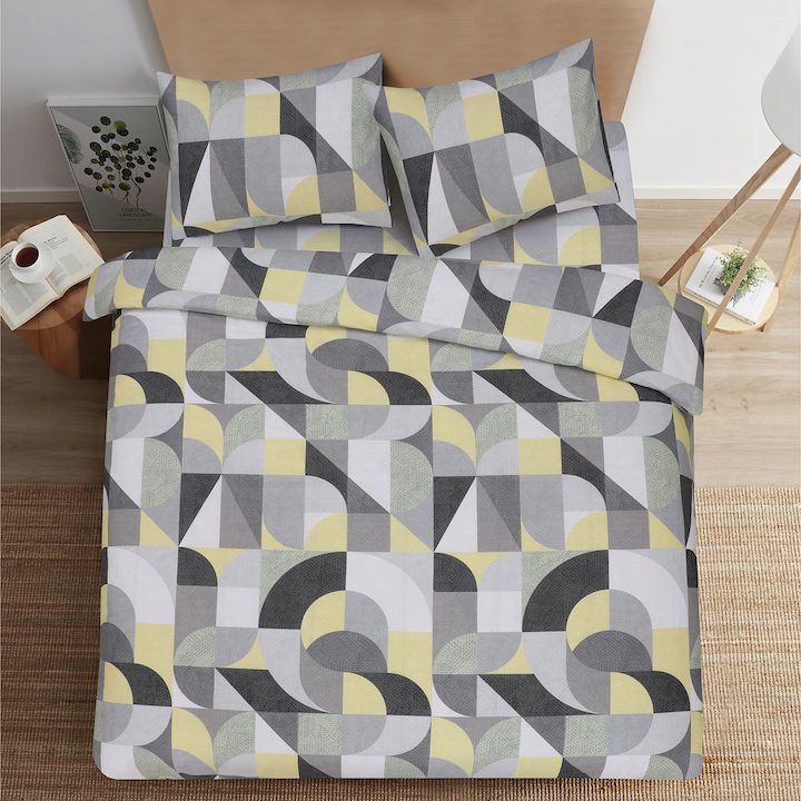 Спален Комплект 2025: Как да Изберете? Спален комплект Kring за 2 души, 4 части, 100% памук, 132TC, Геометричен принт, Сив/Жълт