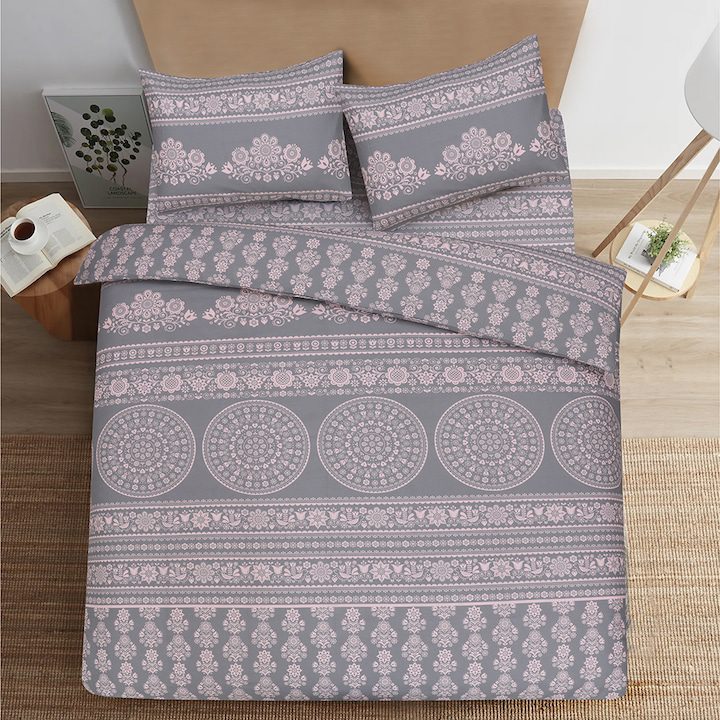 Спален Комплект 2025: Как да Изберете? Спален комплект Kring, За 2 души, 4 части, 100% памук, 132TC, Флорален принт, Сив/Розов