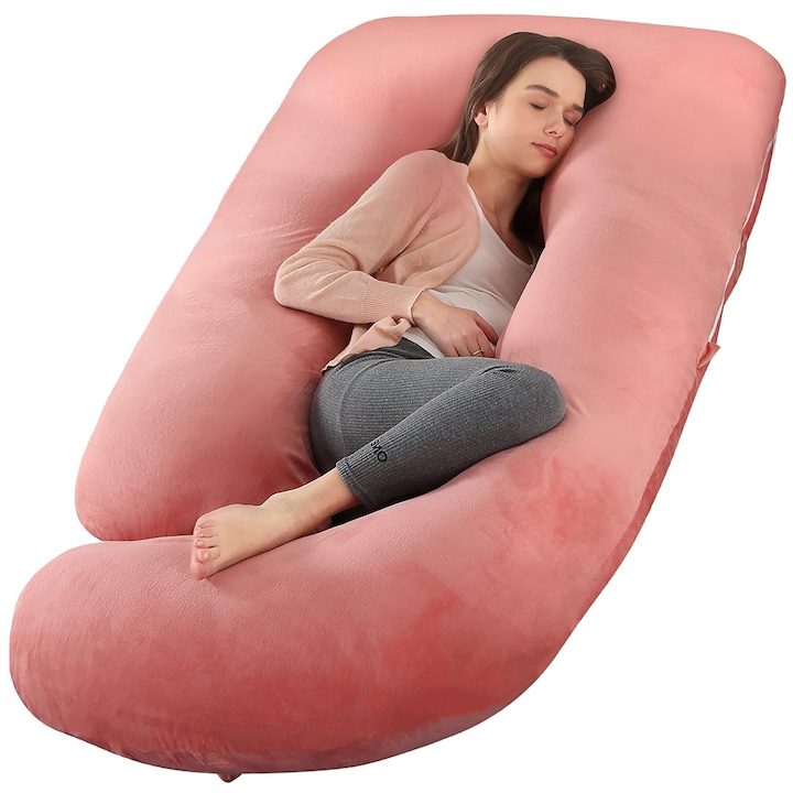 Мечтаната възглавница за бременни: комфорт и подкрепа през всеки етап Възглавница 3 в 1 за бременност и кърмене, Axroad Mall, подвижна и переща се, ергономична форма, гръб, крак, корем, опора за бедрата за бременни жени, полиестерно влакно, 80 × 120 × 180 см, розово