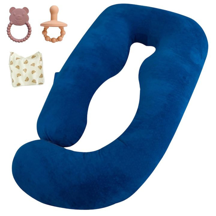 Мечтаната възглавница за бременни: комфорт и подкрепа през всеки етап Възглавница за бременни Infiniteea™ 3 в 1, Мултифункционална, Кърмене, Поддръжка за бебе, Корем, Гръб, Врат, Поддръжка за крака, L-образна, Сваляща се калъфка, 175 см, Кадифе, Залъгалка, Хавлиена кърпа, Включена играчка за никнене на зъби, Син