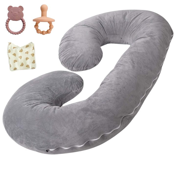 Мечтаната възглавница за бременни: комфорт и подкрепа през всеки етап Възглавница за бременни Infiniteea, 3 в 1, Мултифункционална, Кърмене, Поддръжка на бебето, Коремче, Гръб, Врат, Поддръжка за крака, С-образна форма, Подвижен калъф, 175 см, Кадифе, Залъгалка, Хавлиена кърпа, Включена играчка за никнене на зъби, Сив