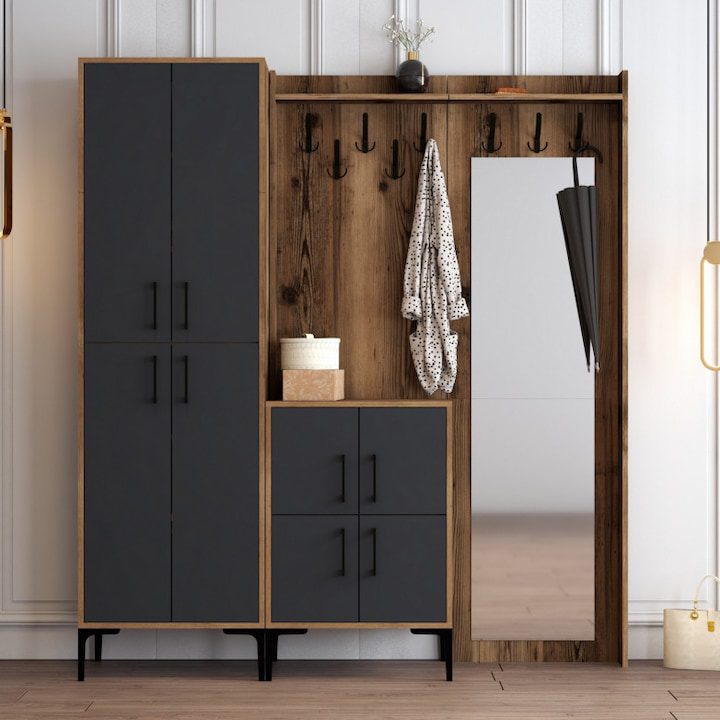 Портманто - Кои са Най-Продаваните за 2025 Година? Закачалка за антре с гардероб Модел BerlinABC, орех/антрацит, 180x35x200 см