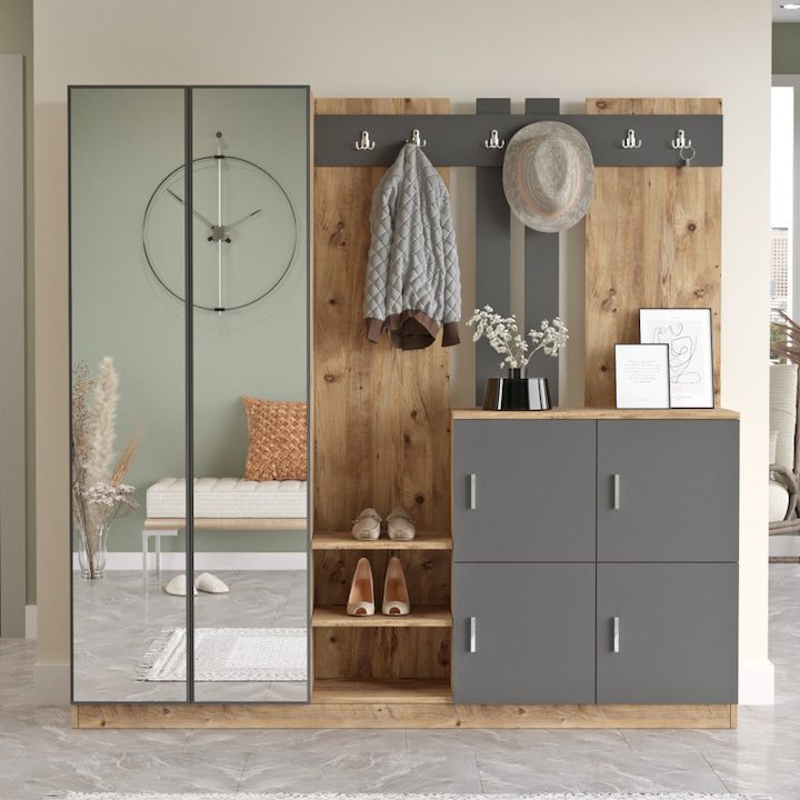 Портманто - Кои са Най-Продаваните за 2025 Година? Закачалка за антре с гардероб Модел Grant, бор/антрацит, 187.2x37.5x180 см