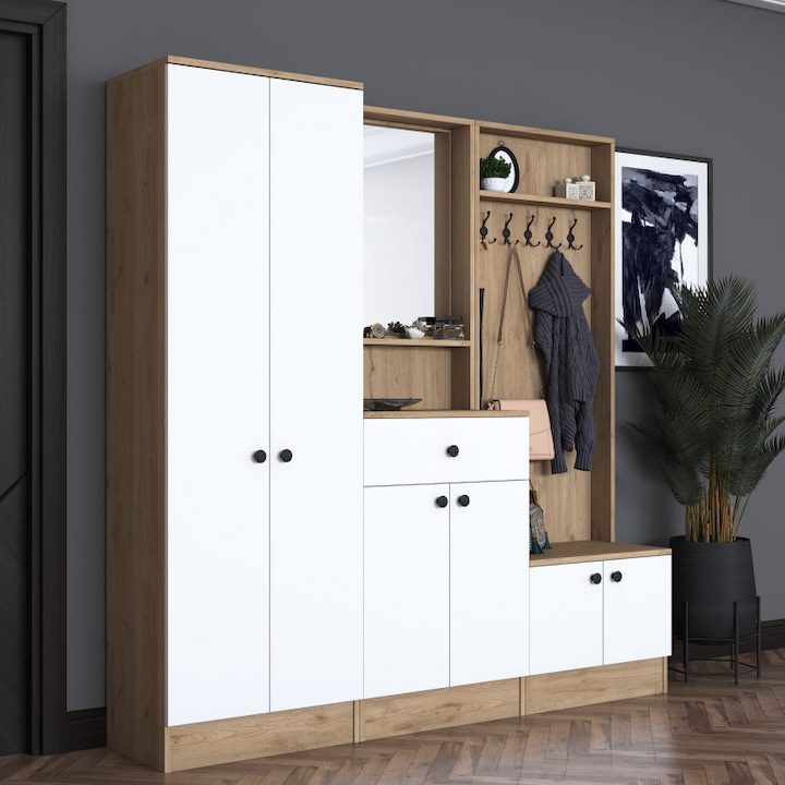 Портманто - Кои са Най-Продаваните за 2025 Година? Закачалка за коридор с гардероб модел Hood, бяло/орех, 179.4x35.5x182.8x см