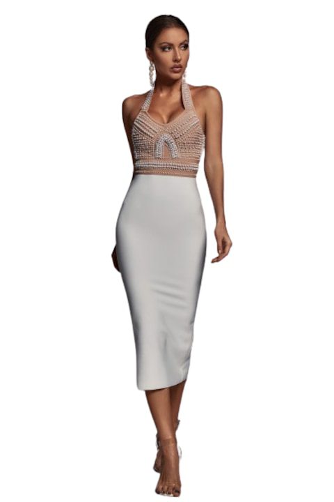 Топ 30 - Стилни Дамски Рокли 2025 Коктейлна миди рокля с бели перли