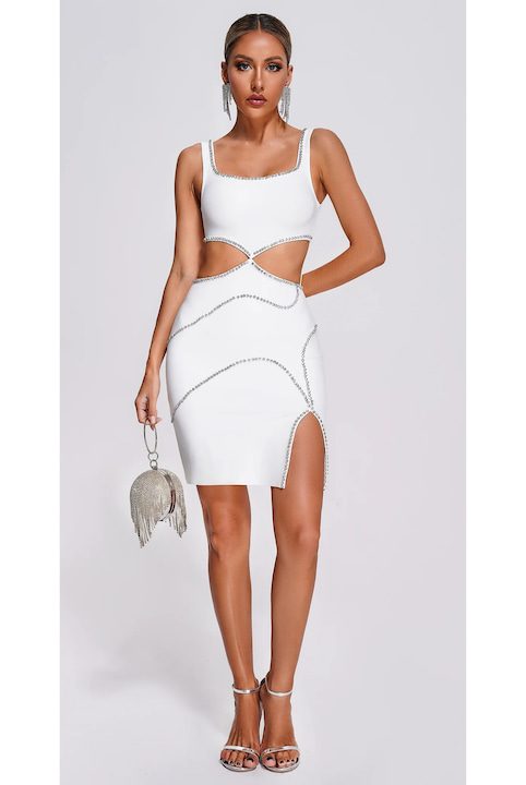 Топ 30 - Стилни Дамски Рокли 2025 Бяла мини рокля с изрези и кристали