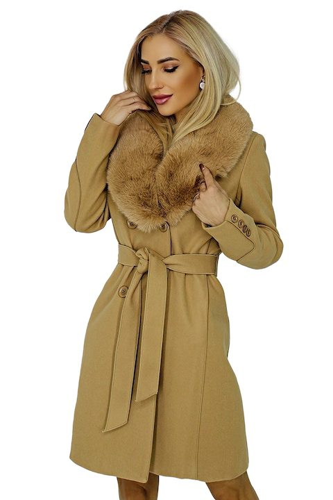 Стилни Дамски Палта за Зима 2025-2026 Палто с кожена яка и колан, Кожа, Мръснобял, Бежов