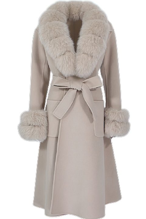 Стилни Дамски Палта за Зима 2025-2026 Дамско вълнено палто, Естествен косъм от лисица, Бежов