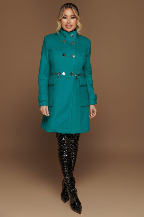 Стилни Дамски Палта за Зима 2025-2026 Палто зелено от плат, PLT 1129vo