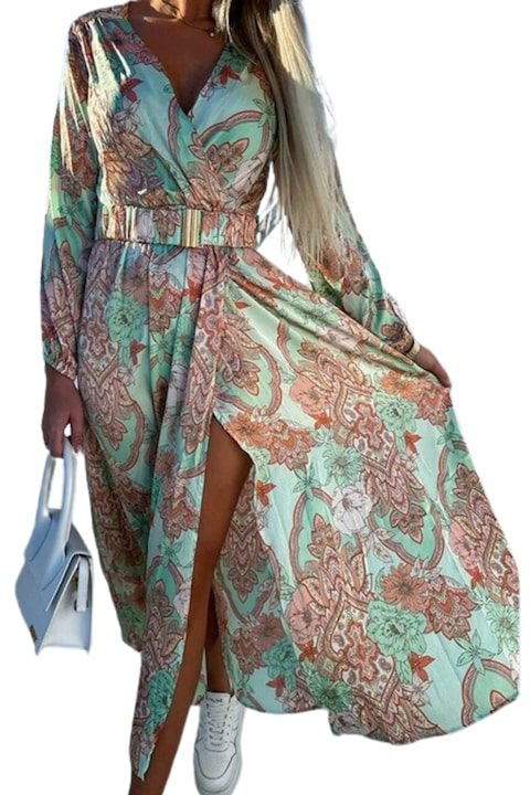 Топ 30 - Стилни Дамски Рокли 2025 Дамска дълга рокля с десен и колан