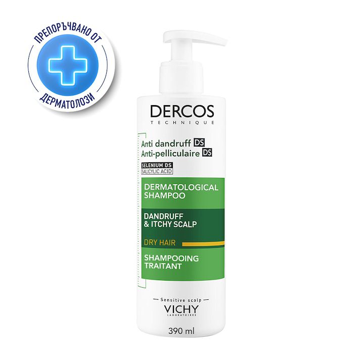 Топ 10 Шампоани И Комплекти за Възстановяване на Суха и Увредена Коса Шампоан против пърхот Vichy Dercos за суха коса, 390 мл