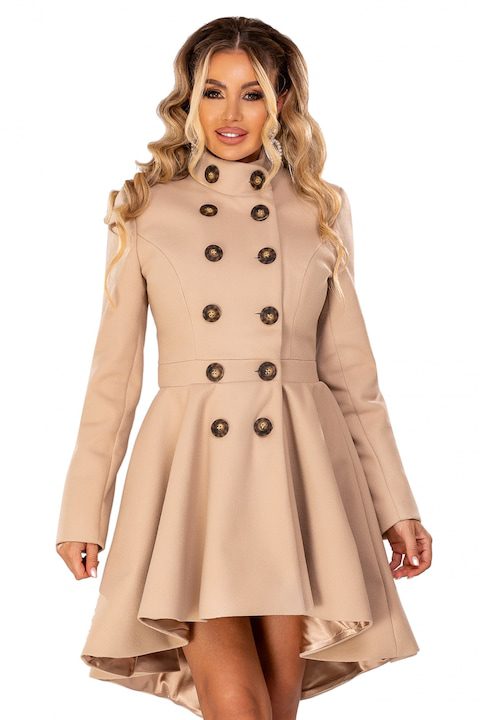 Стилни Дамски Палта за Зима 2025-2026 Бежово палто от плат, фрак, с копчета, Plt 1075bjn