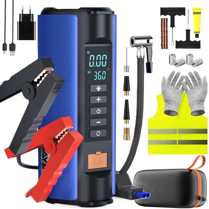 Компресор за Гуми - Кои са Най-Добрите на Пазара в България Автомобилен компресор с интелигентно зарядно устройство, преносим, с къмпинг лампа, презареждаща се батерия 10000 mAh, комплект за ремонт на гуми, светлоотразителна жилетка, адаптери за надуване, щепсел за контакт, 2 ръкавици и 4 капачки за вентили